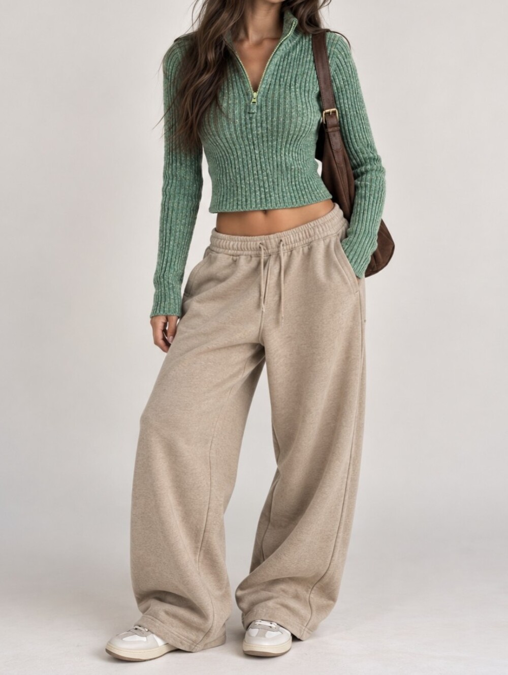 Aerie Late Night Quarter zip ribbed knit Stretch Sweater in green size Medium